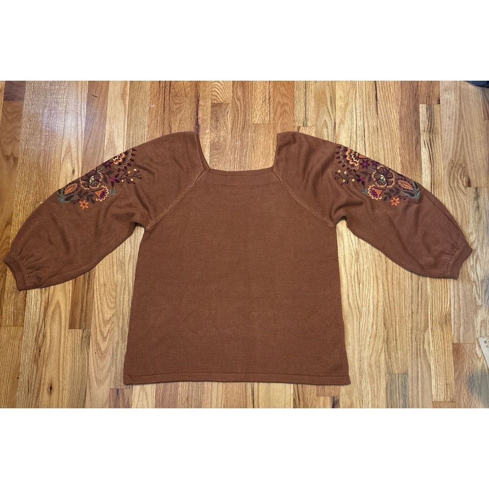 Pioneer Woman Brown Square Neck Embroidered Sleeves L 12-14 Boho Retro Sweater